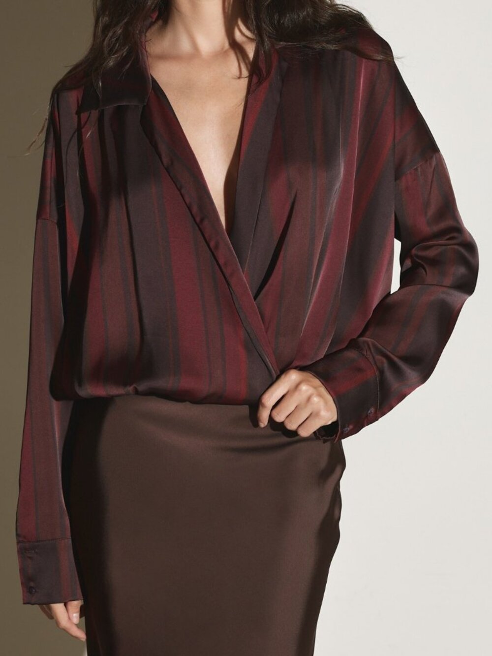 Red & Brown Striped Women's Deep V-Neck Wrap Blouse